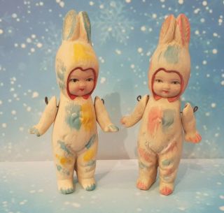 Cute Pair Little Vintage Style Bisque " Snow Bunny Babies " Dolls Jointed Arms