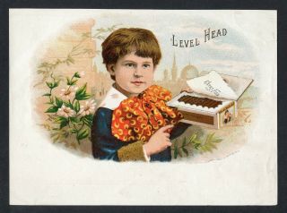 Old Level Head Cigar Label - Young Boy,  Cigar Box,  Flowers,  Buildings