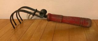Antique/vintage Hand Rake Cultivator 4 - Tine Red Wooden Handle Garden Farm Tool