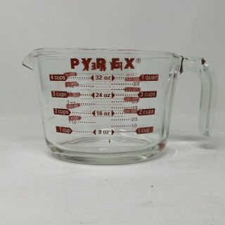 Vtg Pyrex Glass 4 Cup/1 Quart/1 Liter Measuring Cup Open Handle Red Letters 2