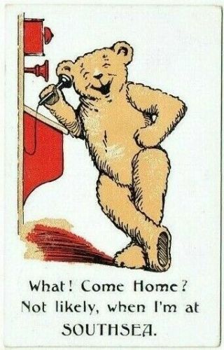Comic Teddy Bear Postcard At Southsea Salmon Series Vintage Portsmouth 1914