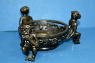 19th Century Antique Japanese Bronze Bowl,  Monkey Supports,  Pierced Bowl,  C1870