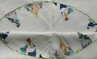 Vintage Pretty Embroidered Crinoline Ladies May Fair Village Fete Tablecloth