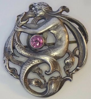 Antique Gorham Art Nouveau Sterling Silver Pink Tourmaline Mermaid Serpent Pin