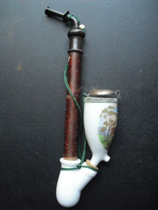 Antique German Bavarian Long Wood Stem Porcelain Smoking Pipe Two Deer 9 1/2 "