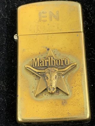 1991 Slim Brass Zippo Lighter Marlboro Cigarettes - Steer In A Star -