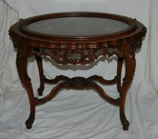 Antique Intricately Carved Mahogany Side Table Lift Out Glass Serving Tray