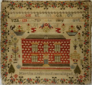 Mid 19th Century Red House & Motif Sampler By Martha Anderson Aged 13 - C.  1860