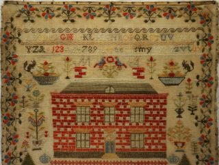 MID 19TH CENTURY RED HOUSE & MOTIF SAMPLER BY MARTHA ANDERSON AGED 13 - c.  1860 2