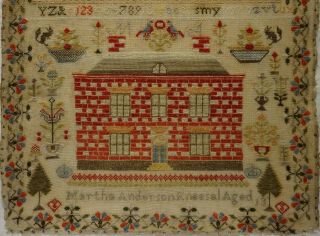 MID 19TH CENTURY RED HOUSE & MOTIF SAMPLER BY MARTHA ANDERSON AGED 13 - c.  1860 3