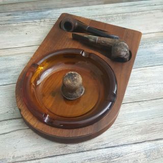 Decatur Industries Walnut Double Pipe Holder With Glass Ashtray And 2 Pipes
