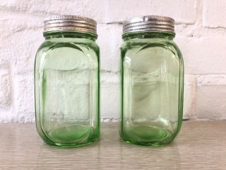 50’s Vintage Art Deco Green Depression Glass Shakers Retro Kitchen Aluminum Lids