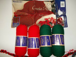 Vintage Wonderart Afghan Crochet 2 Step Kit Red & Green Christmas 36 X 56 9806