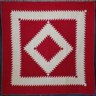 Graphic Antique C1900 Red Sawtooth Diamond In A Square Quilt 78x78