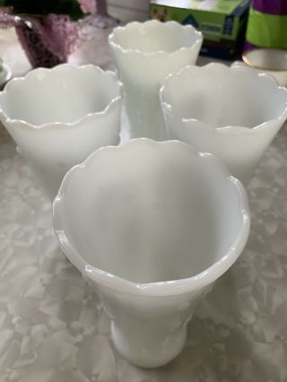 4 Vintage White Milk Glass Teardrop and Pearl Pattern 7” Ruffled Edge Vases 2
