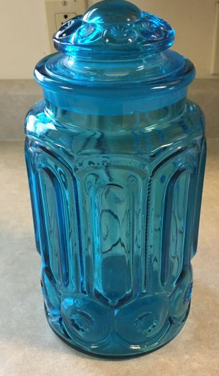 Vintage Le Smith Blue Moon And Stars 11” Glass Canister & Lid
