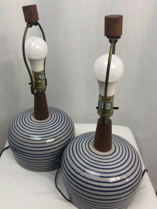 Pair Martz For Marshall Studios,  Mid Century Blue Striped Pottery Lamps,  Signed
