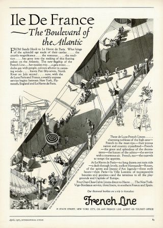 1920s Big Vintage French Line Ile De France Cruise Ship Travel Art Deco Print Ad
