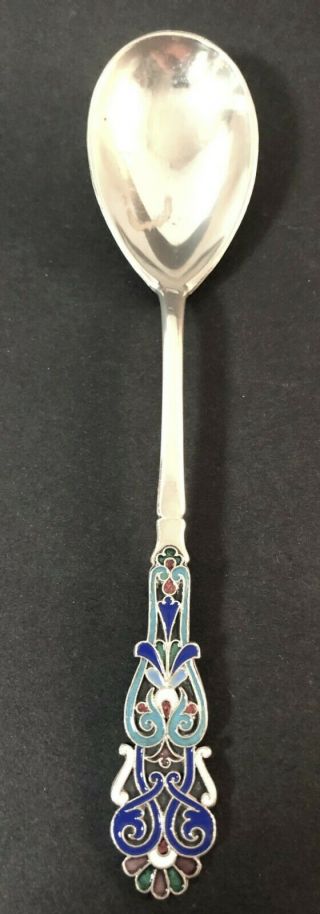 Big (7”) Antique Imperial Russian 84 Enameled Silver Spoon (saltykov)