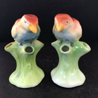 Vintage Czech Czechoslovakia Bird Flower Frog Vases Ceramic Orange Blue