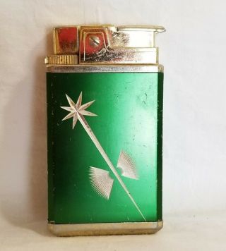 Vintage Royal Musical Lighter Gas Green & Gold Tone Metals Song Fleur De Lis