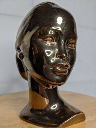 Vintage Chalkware Marwal Polynesian Bust Metallic Bronze Paint Elegan Woman