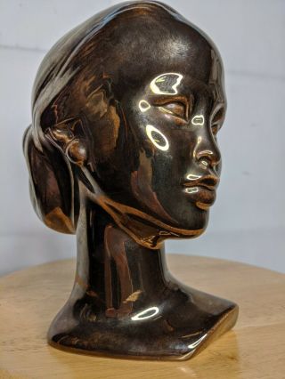 Vintage Chalkware Marwal Polynesian Bust Metallic Bronze Paint Elegan Woman 2