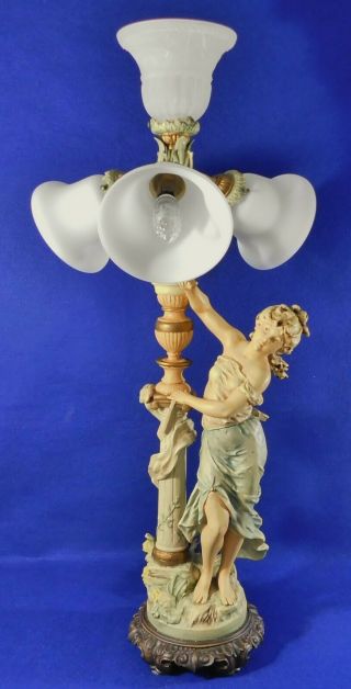Large Antique/vtg 36 " Signed L & F Moreau Art Nouveau Figural Spelter Table Lamp