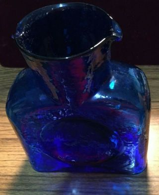 Vintage Blenko Glass Cobalt Blue Double Spout Bottle Pitcher Carafe Vase S - 2