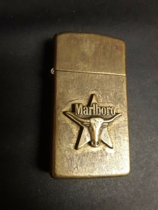 Rare Slimline Zippo Marlboro Longhorn Bull Star Brass Lighter