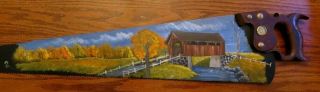 Vintage Hand Painted Hand Saw Decor With Country Scene Covered Bridge