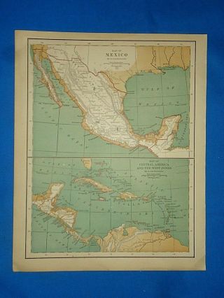 Vintage 1870 Map Mexico - Central America - Caribbean Old Antique