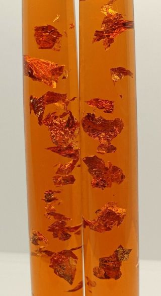 2 Vintage Orange Lucite Gold Flakes Decorative Candle Sticks 8 " Fall Halloween