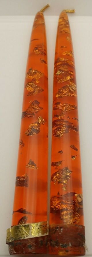 2 Vintage Orange Lucite Gold Flakes Decorative Candle Sticks 8 