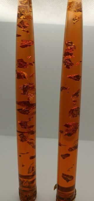 2 Vintage Orange Lucite Gold Flakes Decorative Candle Sticks 8 