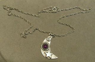 Vintage Designer Sterling Silver Amethyst Moon Star Pendant Necklace