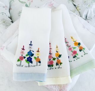 Vintage Linen Tea Towels Set Of 3 Hand Stitched With Flowers Blue,  Green &yellow