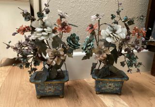 Antique Chinese Jade Stone Flower Bonsai Trees Cloisonne Enamel Pots