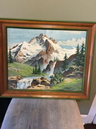 Vintage Paint By Numbers Framed Mountain Water Falls Scene 23 1/2 " X 19 1/2 "