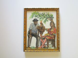 Antique Black Americana Painting Vintage Portrait Couple With Chicken Southern