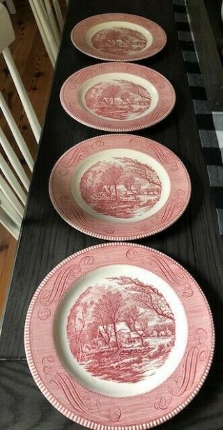 4 Vintage Royal Currier & Ives Pattern Pink Dinner Plates 10 " Old Grist Mill