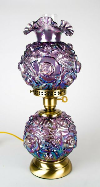 Fenton Cabbage Rose Purple Amethyst Iridescent Carnival Glass Lamp Vintage