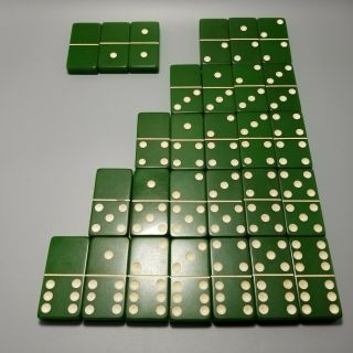 Vintage Green Bakelite Dominoes,  Full Set Of 28 White Dots No Box Double 6