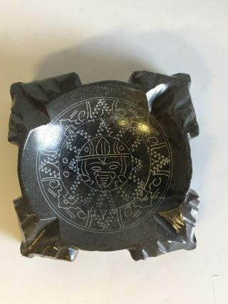 Vintage Mexican Folk Art Aztec Mayan Calendar Crushed Lapis Gray Ashtray