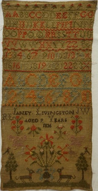 Early/mid 19th Century Alphabet & Motif Sampler By Janet Livingston Age 9 - 1836