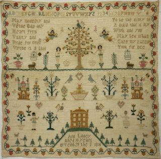 Early 19th Century House,  Motif & Verse Sampler By Ann Linney Aged 10 - 1810