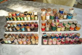 Vintage Wooden Spools Of Thread Quantity 100 Various Companies