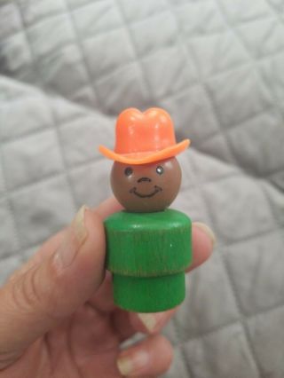 Vintage Fisher Price Little People Play Family Wooden Black Boy With Cowboy Hat