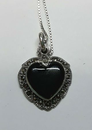 Vintage Italy Sterling Silver Marcasite & Onyx Heart Shaped Pendant & Necklace