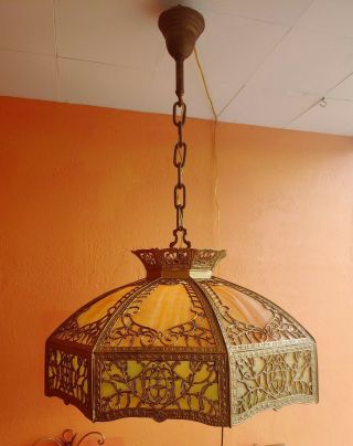 Huge Antique Ornate Hanging Leaded Slag Glass Lamp Shade 23 " 8 Banded Panels